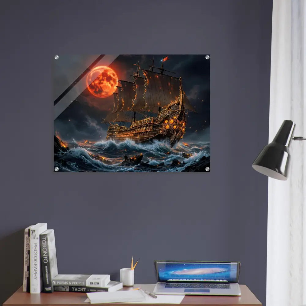 Acrylic print magnifies a pirate ship on stormy seas under the blood moon armada scene