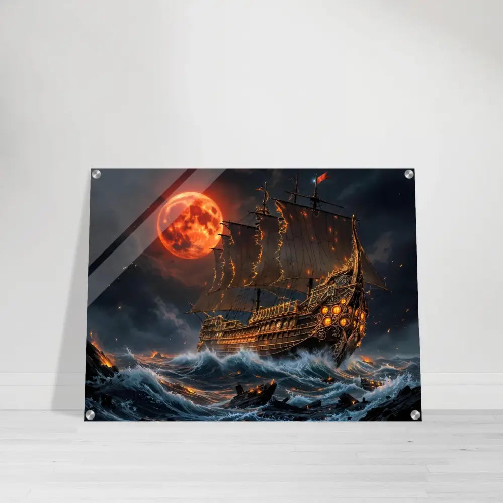 Acrylic print magnifies a pirate ship sailing under the blood moon in Crimson Reign edition