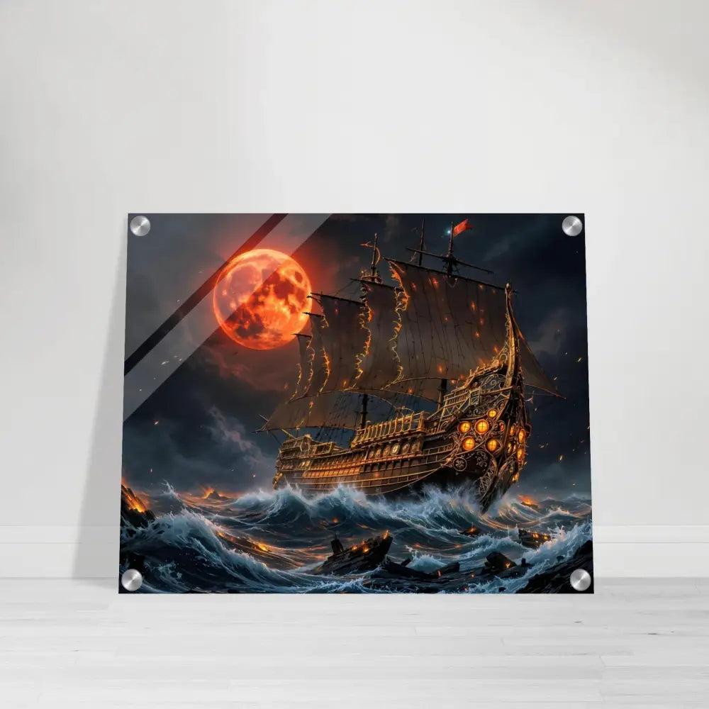 Acrylic print magnifies a fantastical ship on a stormy sea under the blood moon in Crimson Reign