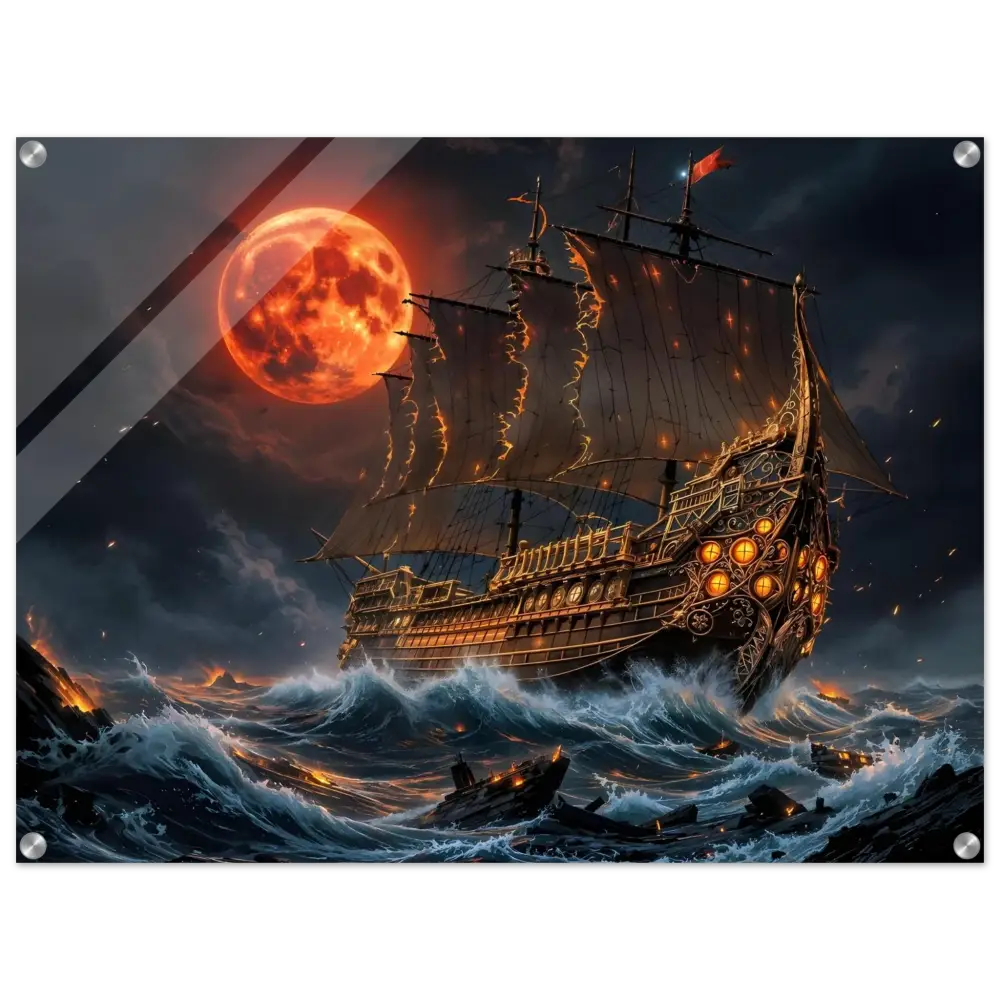 Acrylic print of the blood moon armada with glowing sails navigating stormy seas