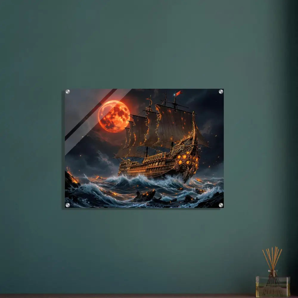 Acrylic print magnifies pirate ship under blood moon on stormy sea in Crimson Reign edition