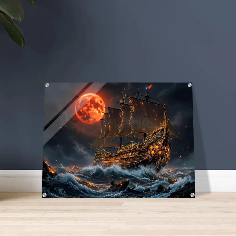 Acrylic print of a pirate ship under a blood moon from the Blood Moon Armada collection
