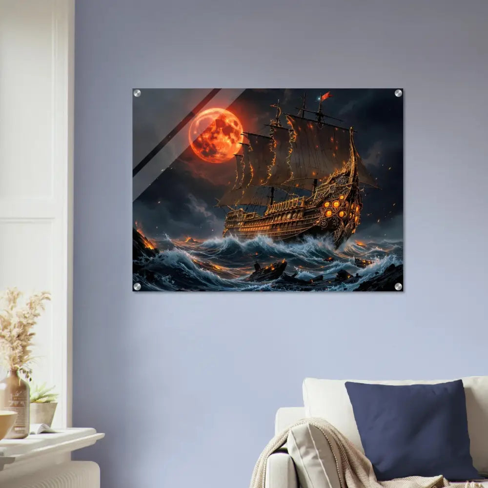 Acrylic print magnifies a fantastical ship on stormy sea under blood moon in Crimson Reign edition