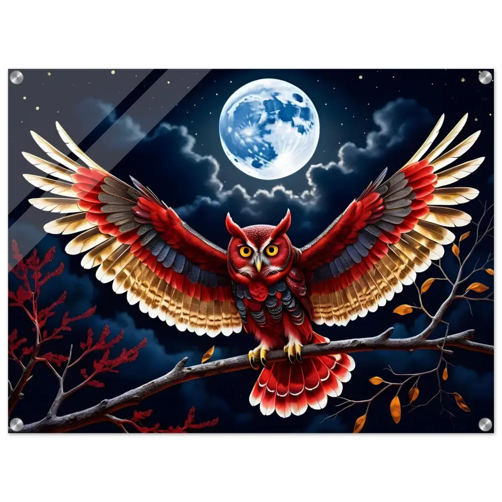 Vividly colored owl perched on a branch featured on Acrylic Print Crimson Wings Unfurled