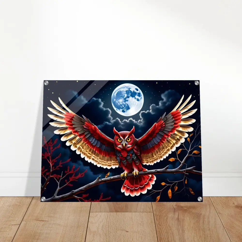 Owl art print displayed on Acrylic Print Crimson Wings Unfurled PixiOnyx Celestial Luxe