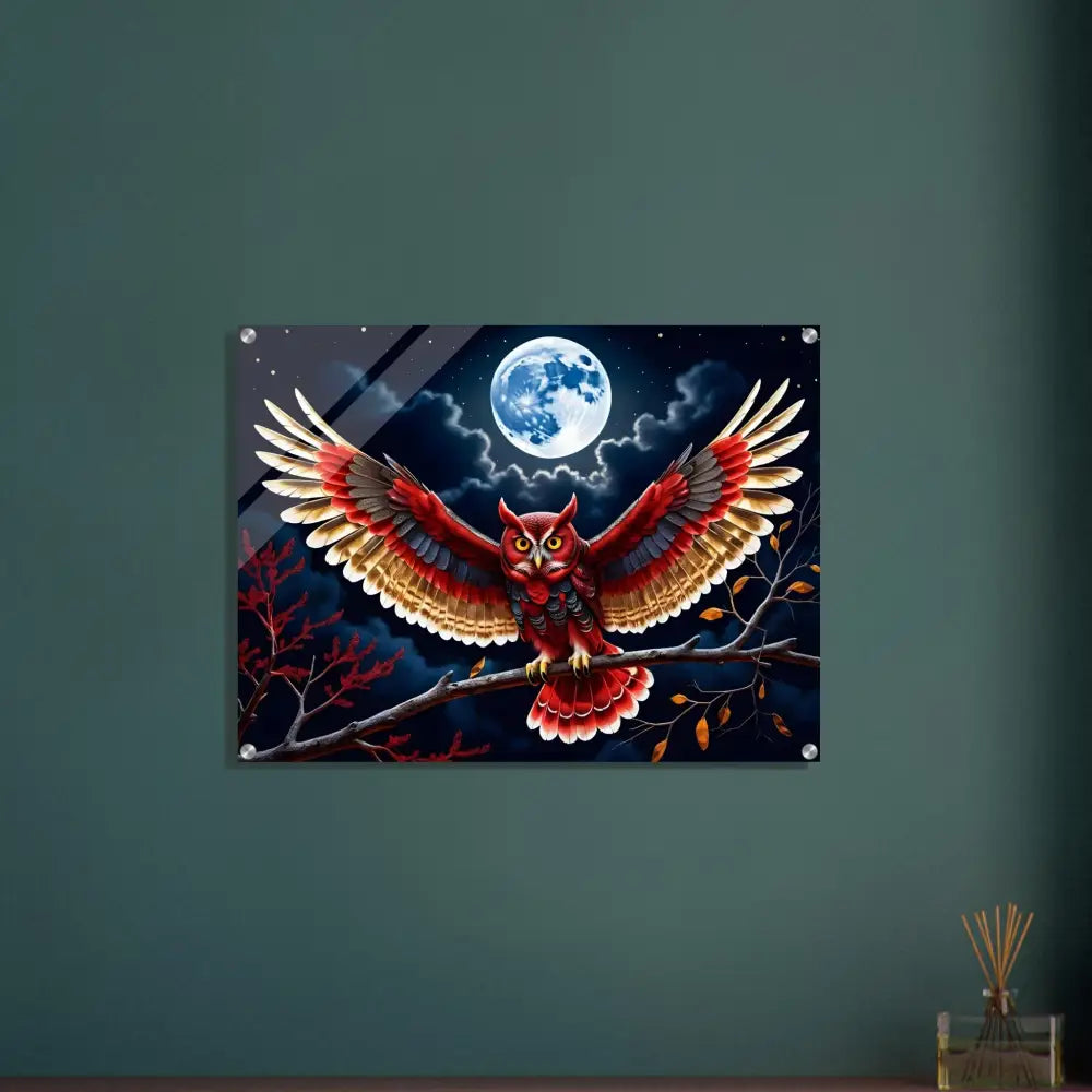 Owl art on acrylic for Crimson Wings Unfurled Acrylic Print by PixiOnyx Celestial Luxe