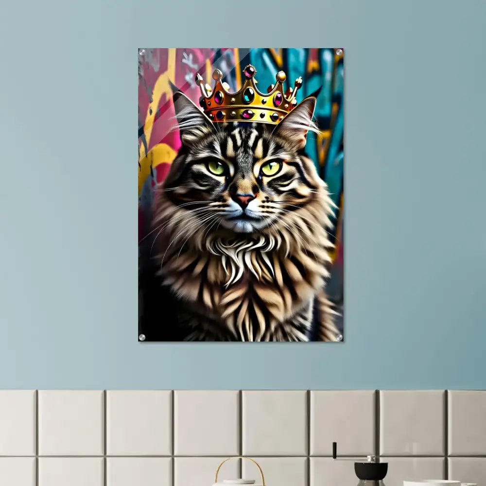 Acrylic print of a regal cat wearing a crown art titled Crown Meowjesty by PixiOnyx