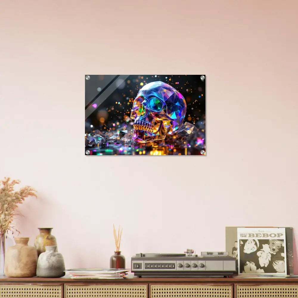 Colorful skull wall art acrylic print titled Crystal Skull Prism by PixiOnyx