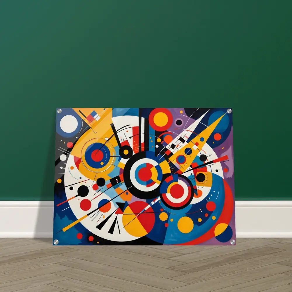 Colorful abstract geometric painting displayed as Acrylic Print Dynamic Balance PixiOnyx