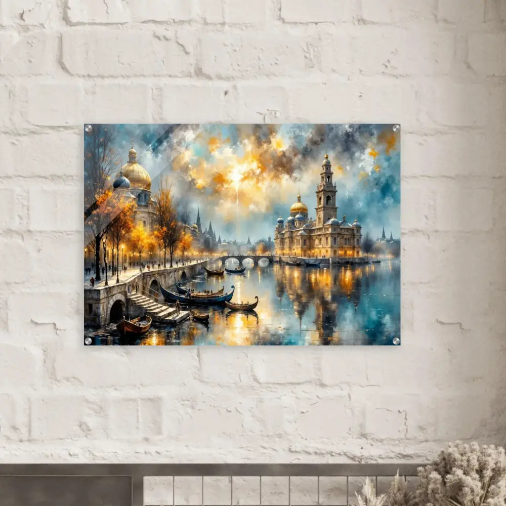 Vibrant cityscape painting with golden domes and reflective river, mounted on white brick wall, featuring floating mount hardware and depth-enhancing finish offers