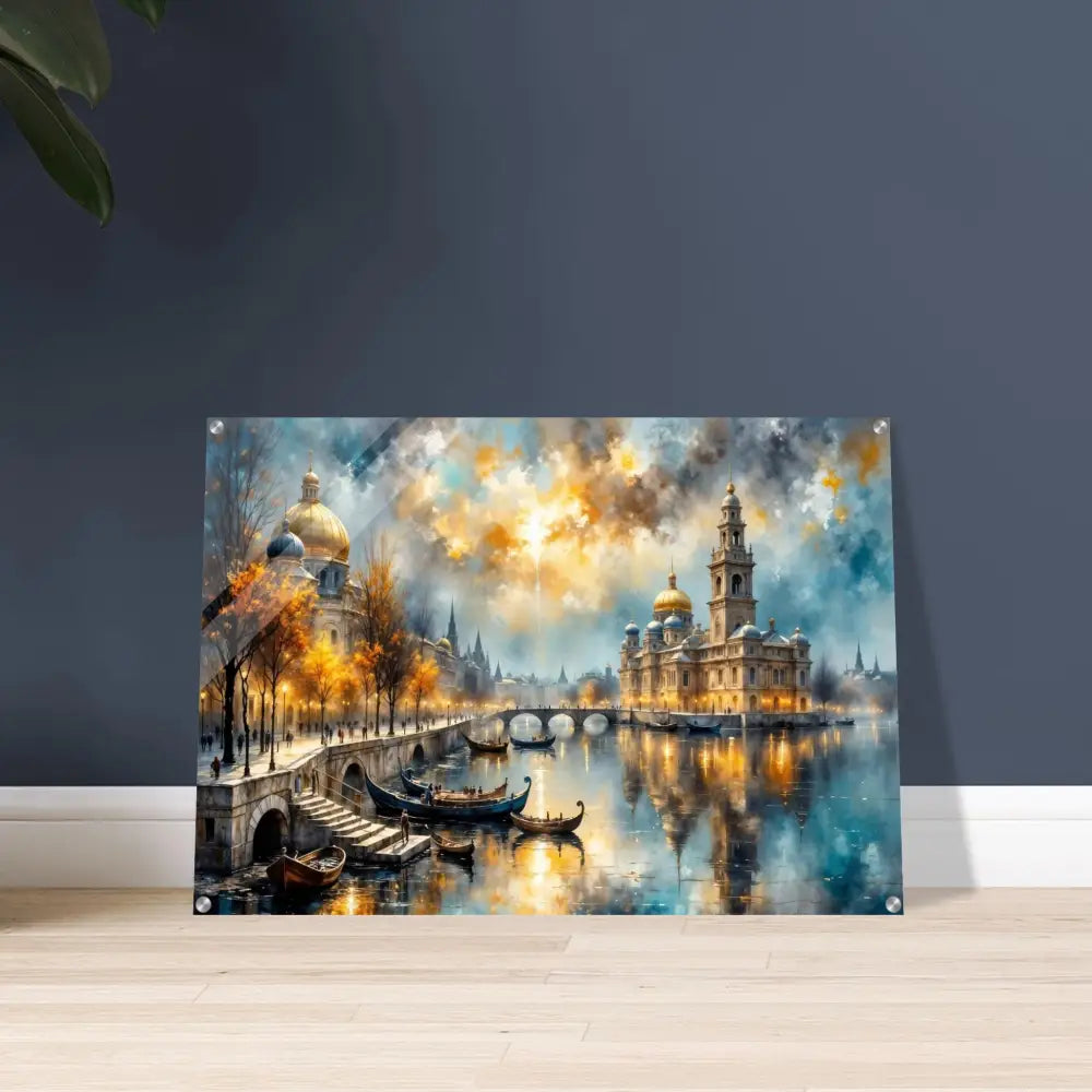 Vibrant masterpiece bursts of a city with canals and domed buildings, depth-enhancing finish with floating mount hardware