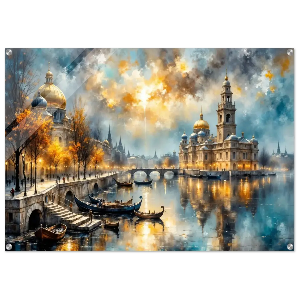 Acrylic print of vibrant masterpiece bursts reflecting golden domes and spires with floating mount hardware