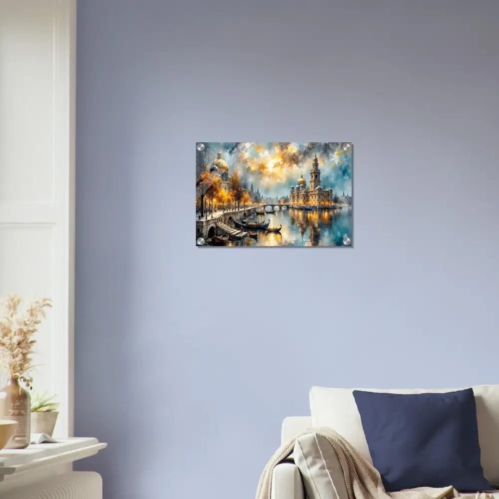 Vibrant watercolor European city night scene with river bridge illuminated buildings floating mount hardware