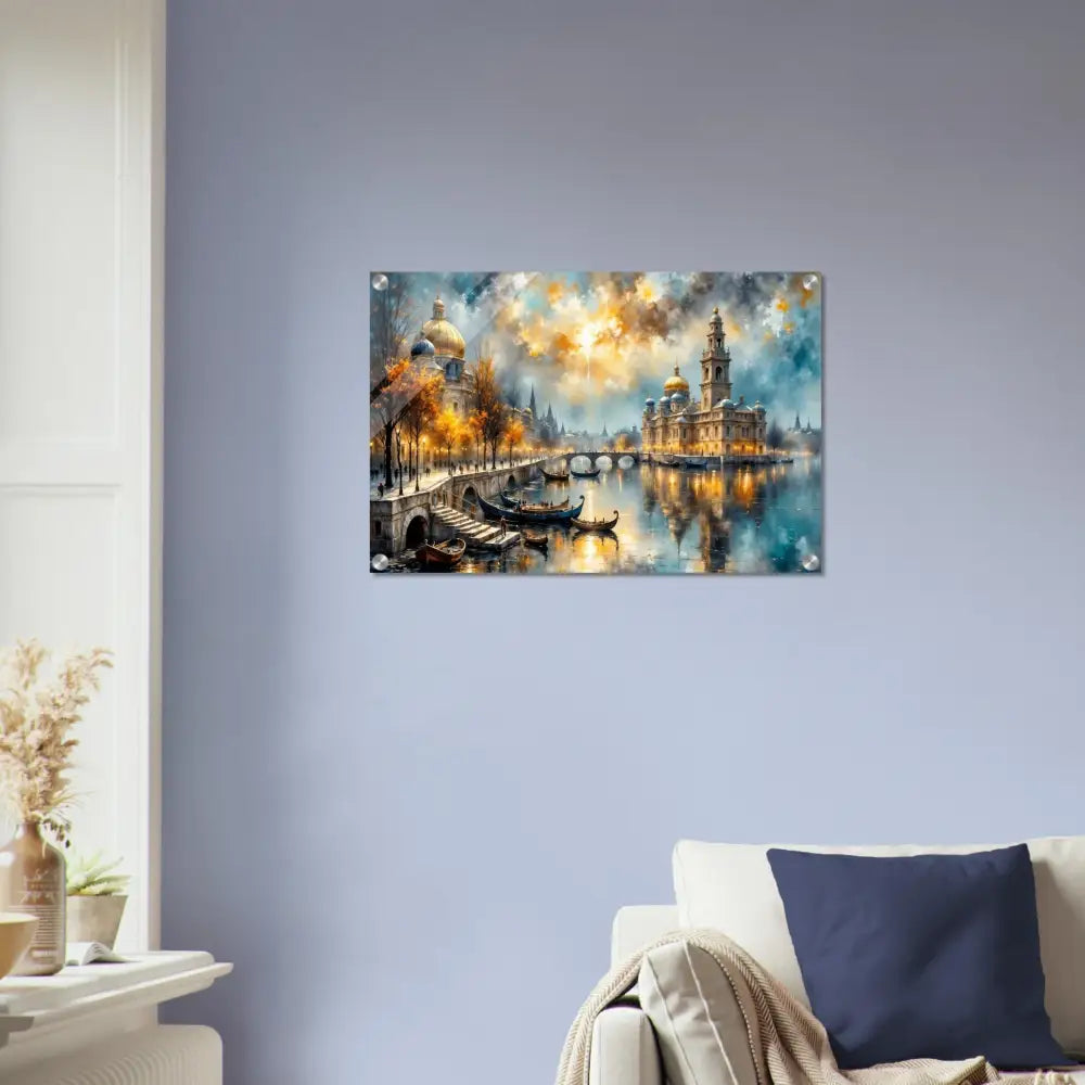 Vibrant cityscape painting on acrylic panel with depth-enhancing finish and floating mount hardware