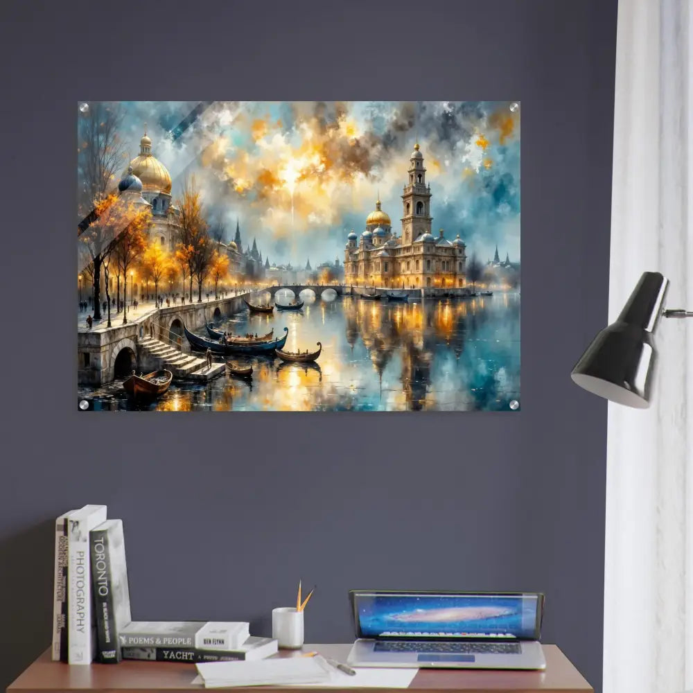Vibrant watercolor cityscape with illuminated buildings, floating mount hardware, depth finish