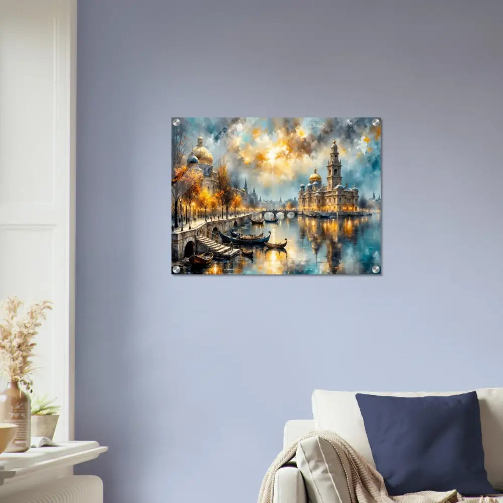 Vibrant masterpiece bursts of a European city landscape on acrylic with floating mount hardware