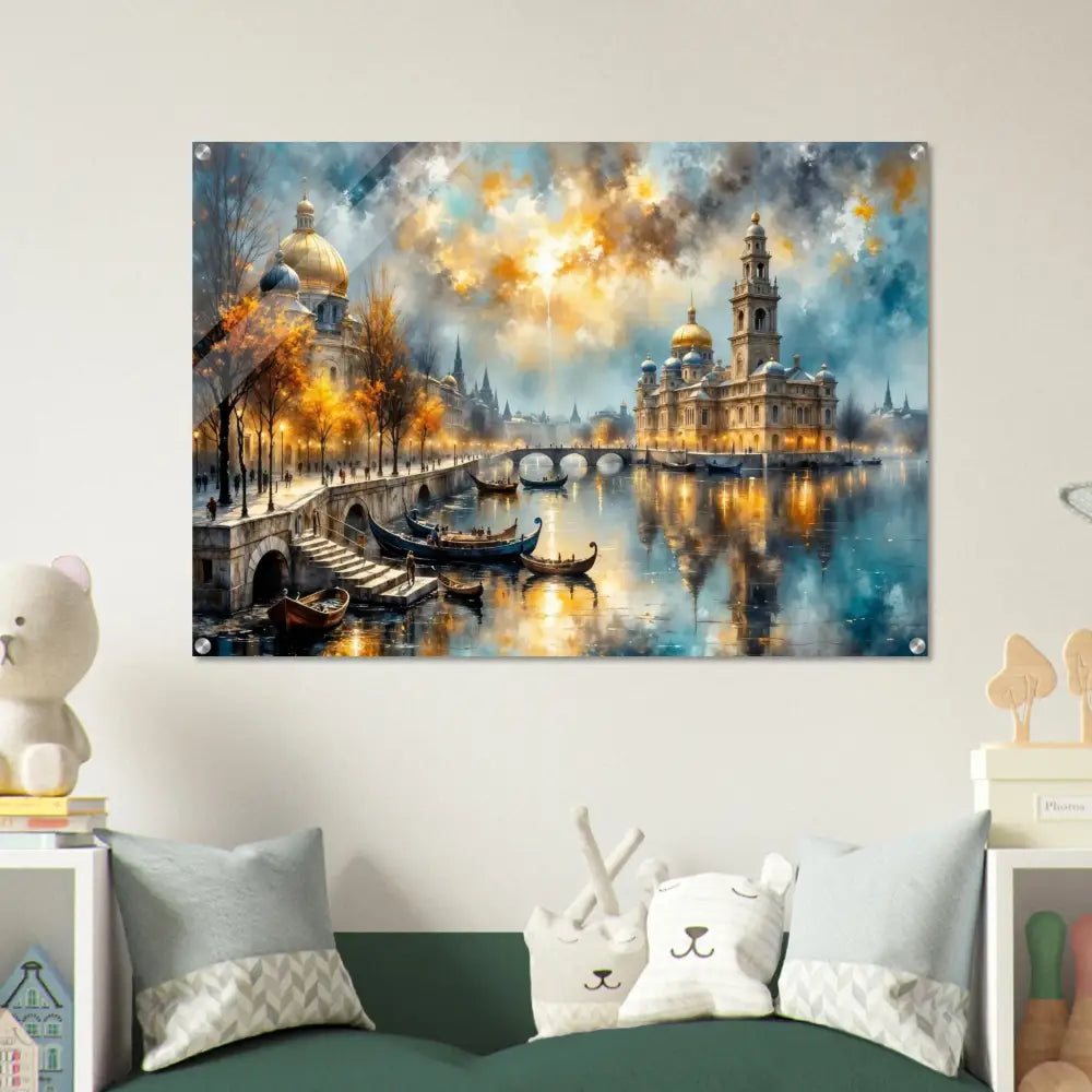 Vibrant masterpiece bursts of European cityscape sunset acrylic print with floating mount hardware