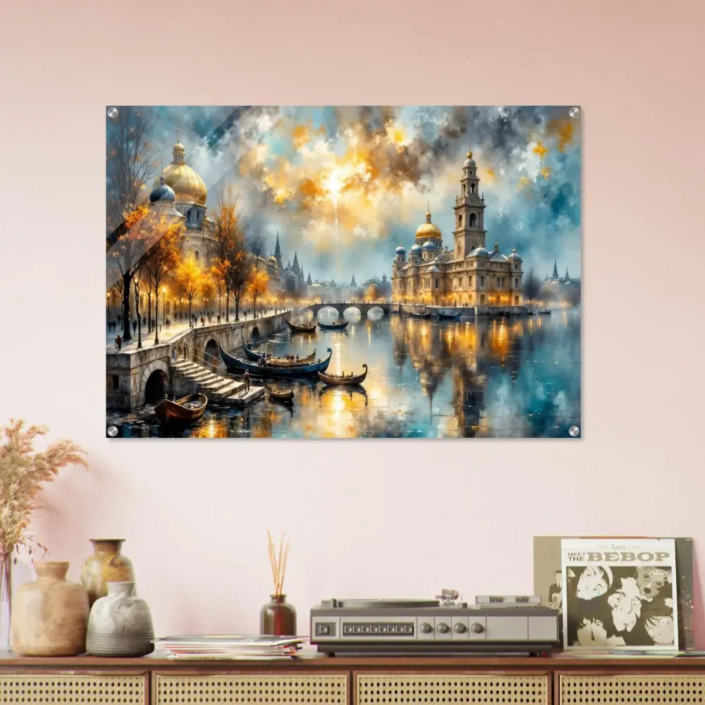 Vibrant masterpiece bursts acrylic print of Cityscape with floating mount hardware and depth finish