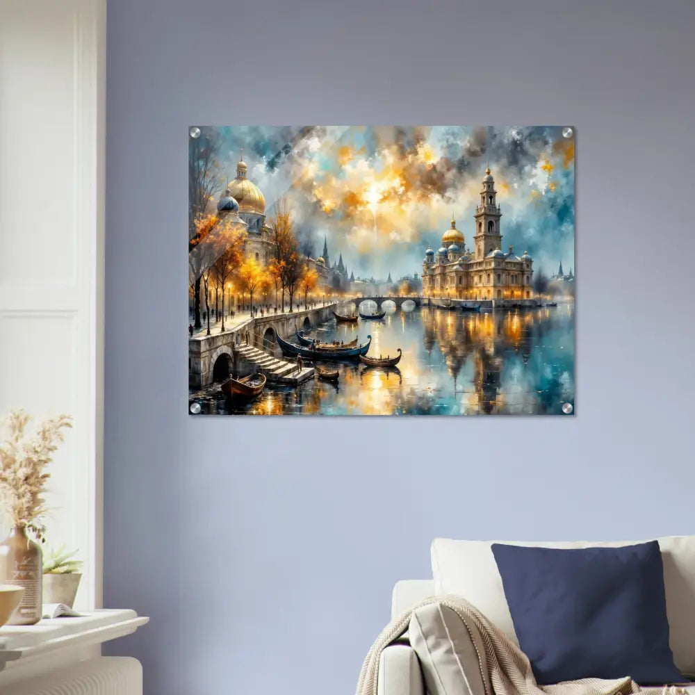 Vibrant city landscape painting with river boats and colorful sky, depth-enhancing finish offers floating mount hardware