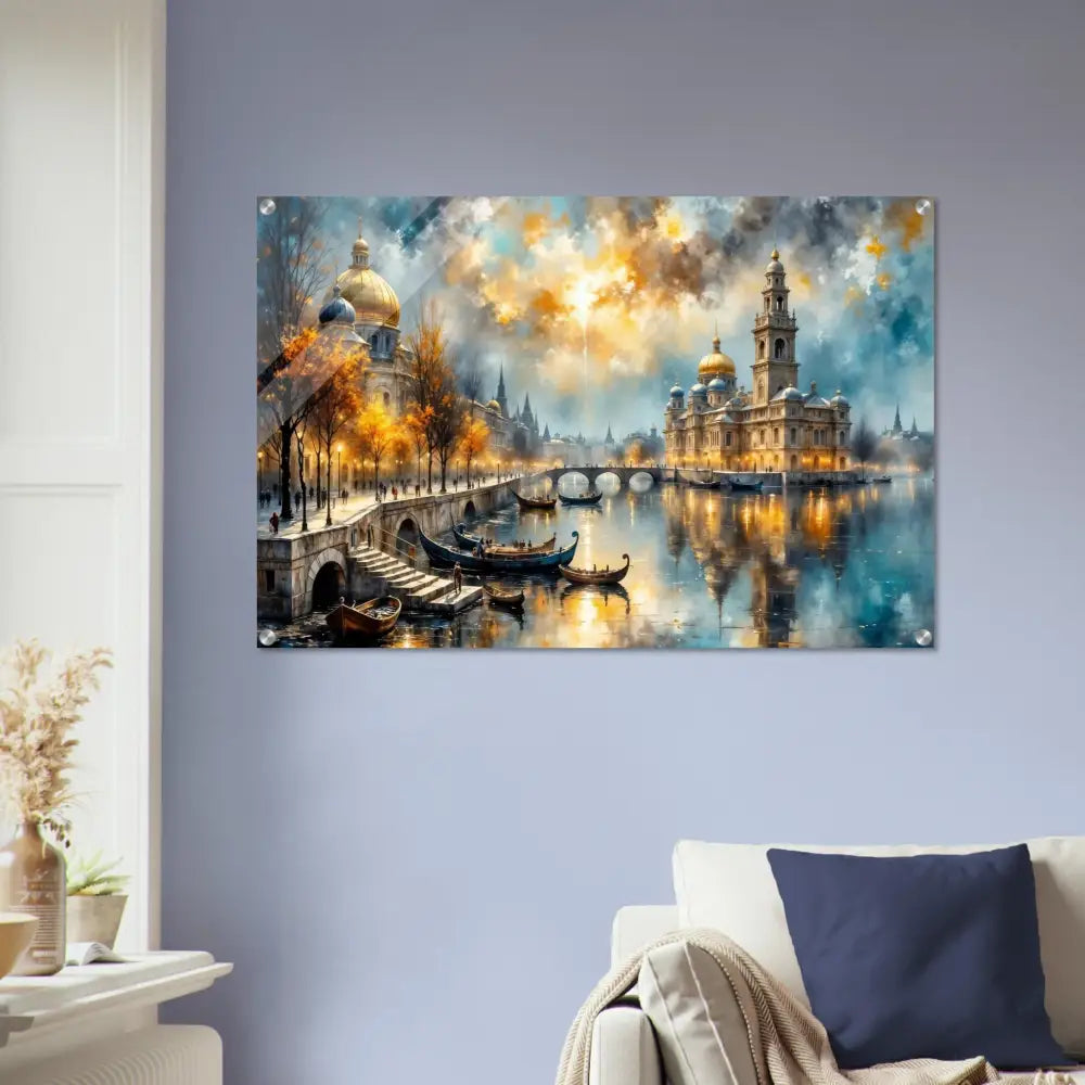 Vibrant masterpiece bursts of European city dusk acrylic print with floating mount hardware