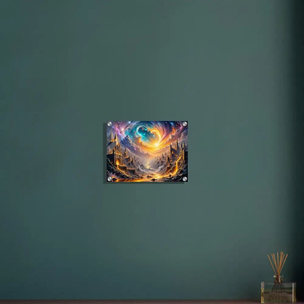 Acrylic print of Eclipsed Citadel showcasing a vibrant cityscape under a cosmic sky