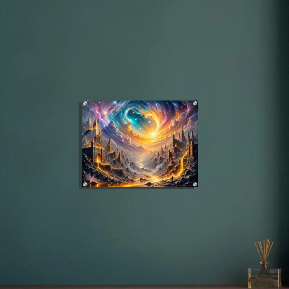 Acrylic print of Eclipsed Citadel with vibrant fantasy landscape and glowing spires