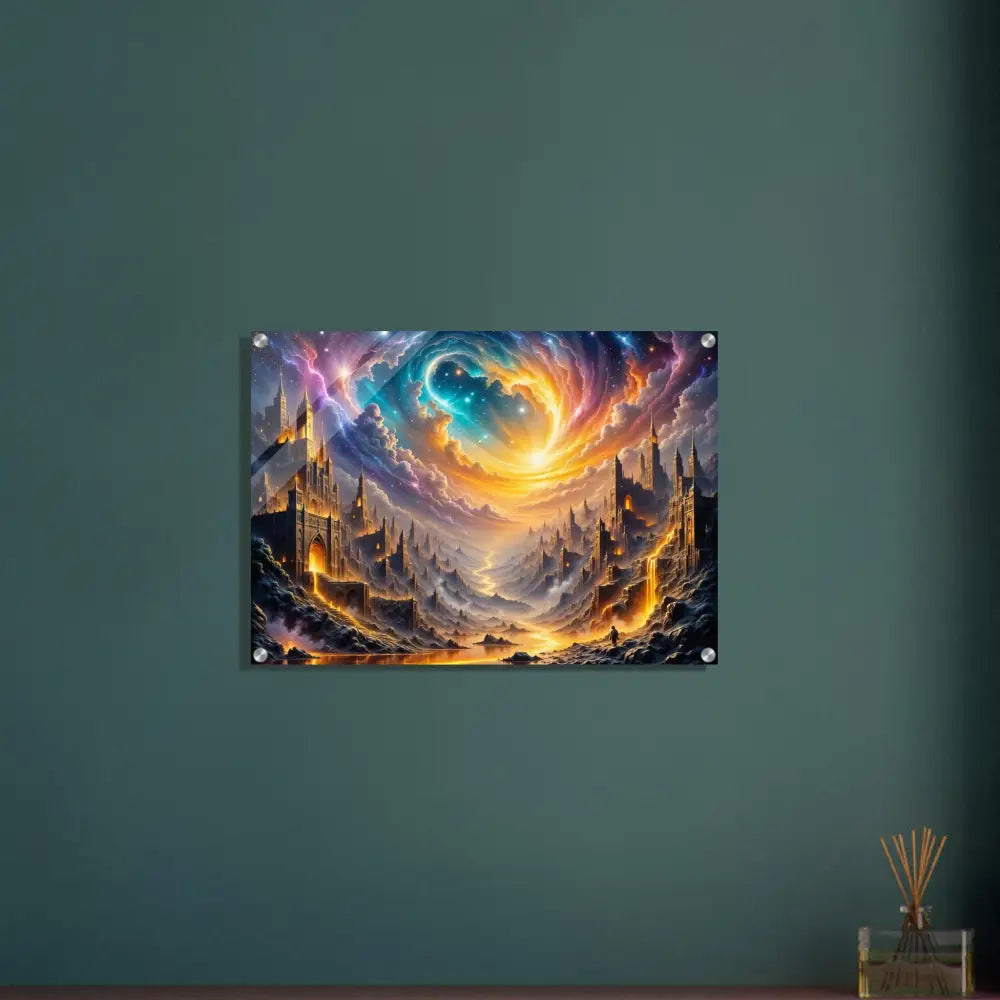 Acrylic print of Eclipsed Citadel fantasy landscape with cosmic sky and castle city