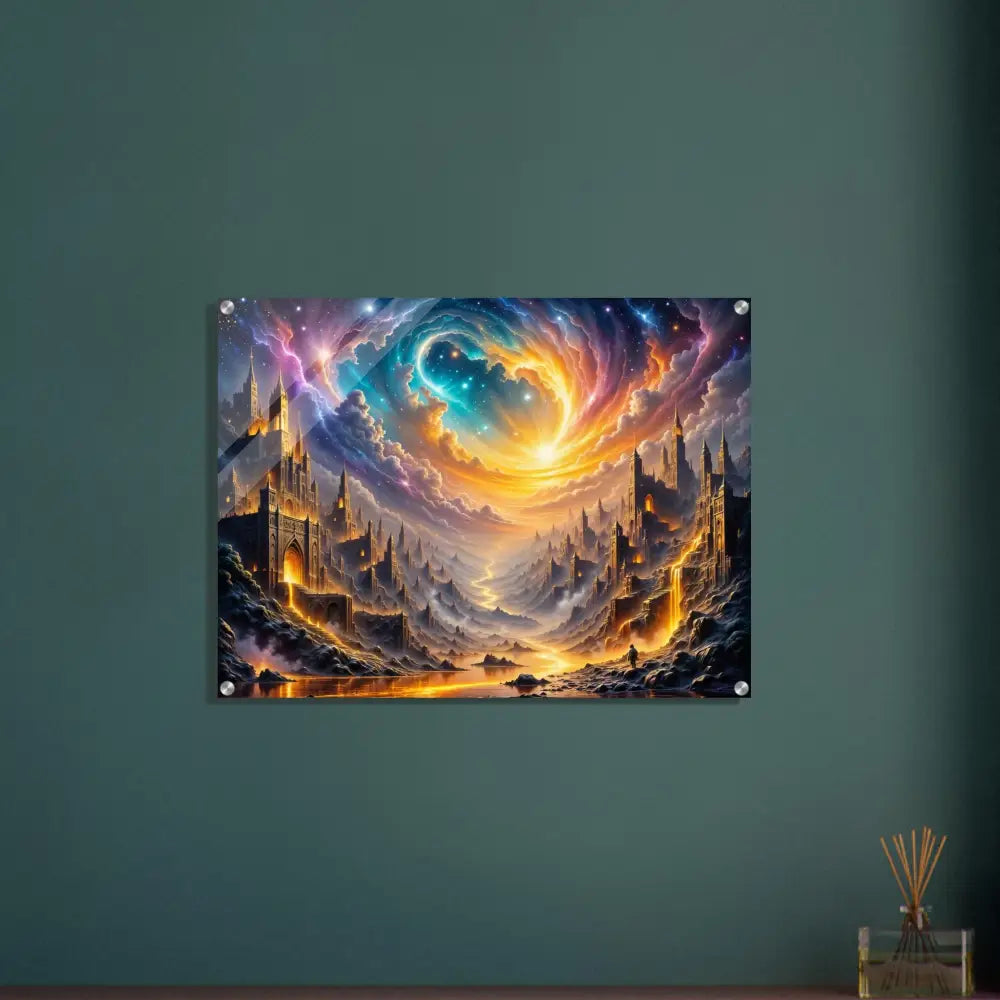 Acrylic print of Eclipsed Citadel cityscape under vibrant celestial sky