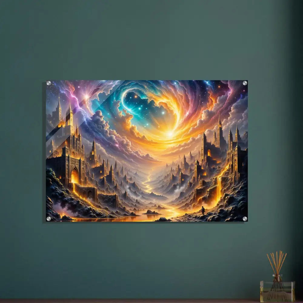 Acrylic print of the Eclipsed Citadel with fantastical landscape and luminous path