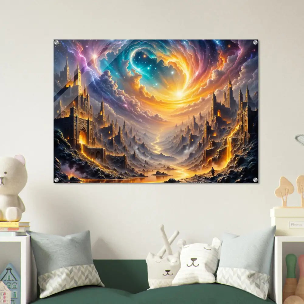 Acrylic print of the Eclipsed Citadel fantasy landscape with castles and colorful sky