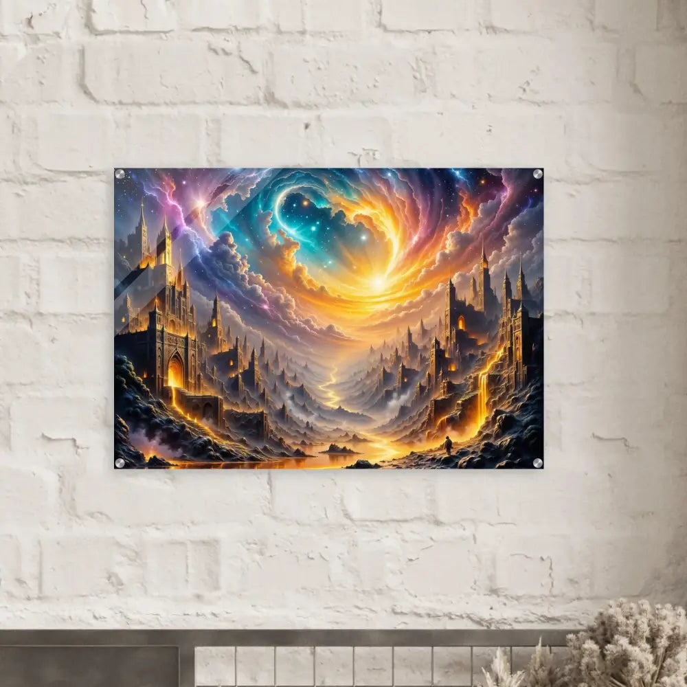 Acrylic print of Eclipsed Citadel with vibrant fantastical landscape and glowing path