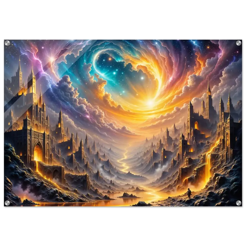 Acrylic print of Eclipsed Citadel with vibrant fantasy landscape and glowing cities
