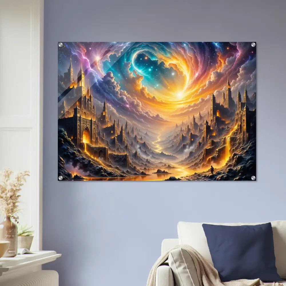 Acrylic print of Eclipsed Citadel with vibrant fantastical landscape and cosmic sky