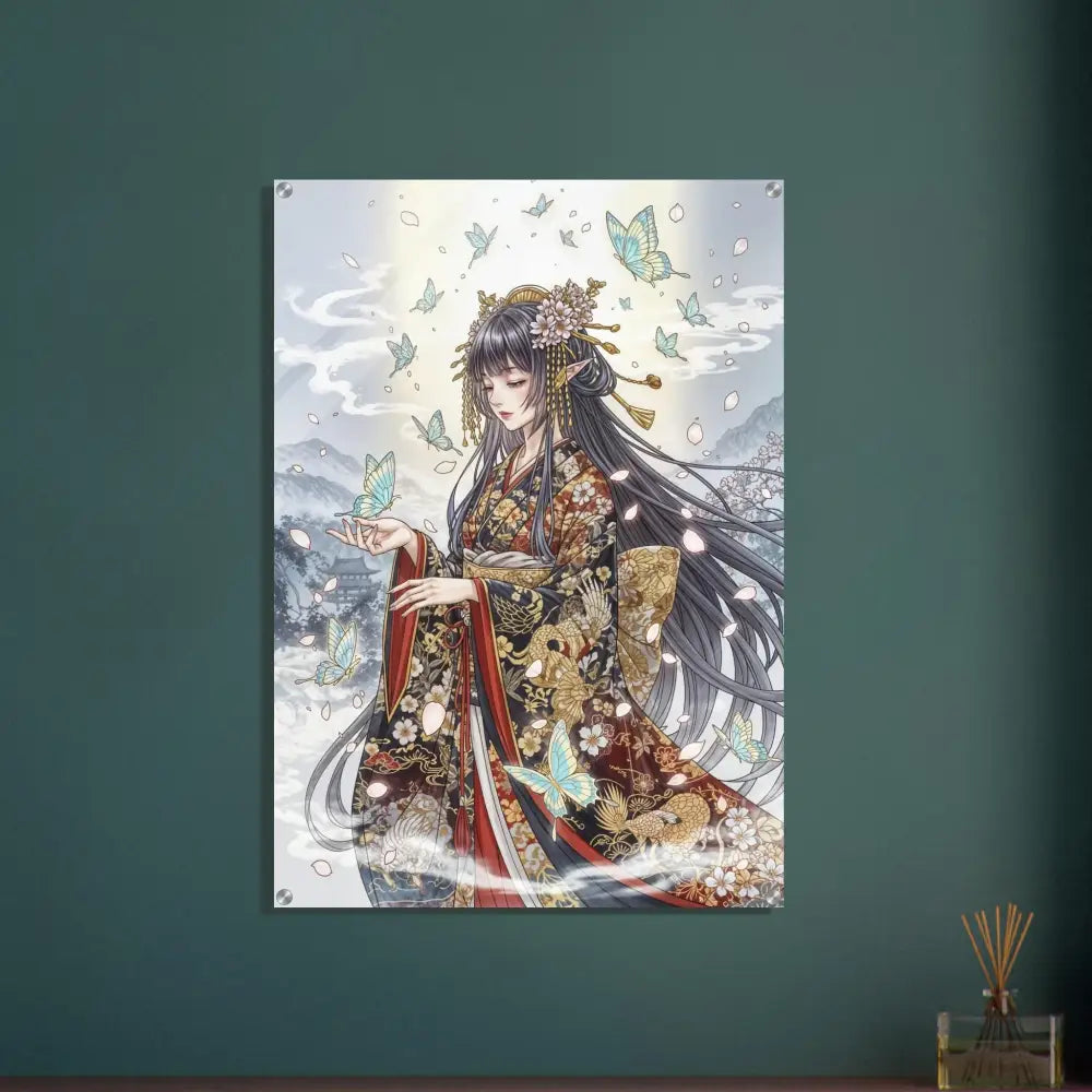 Ethereal Kimono Maiden acrylic print with butterflies, polished acrylic glass, modern standoff bolts
