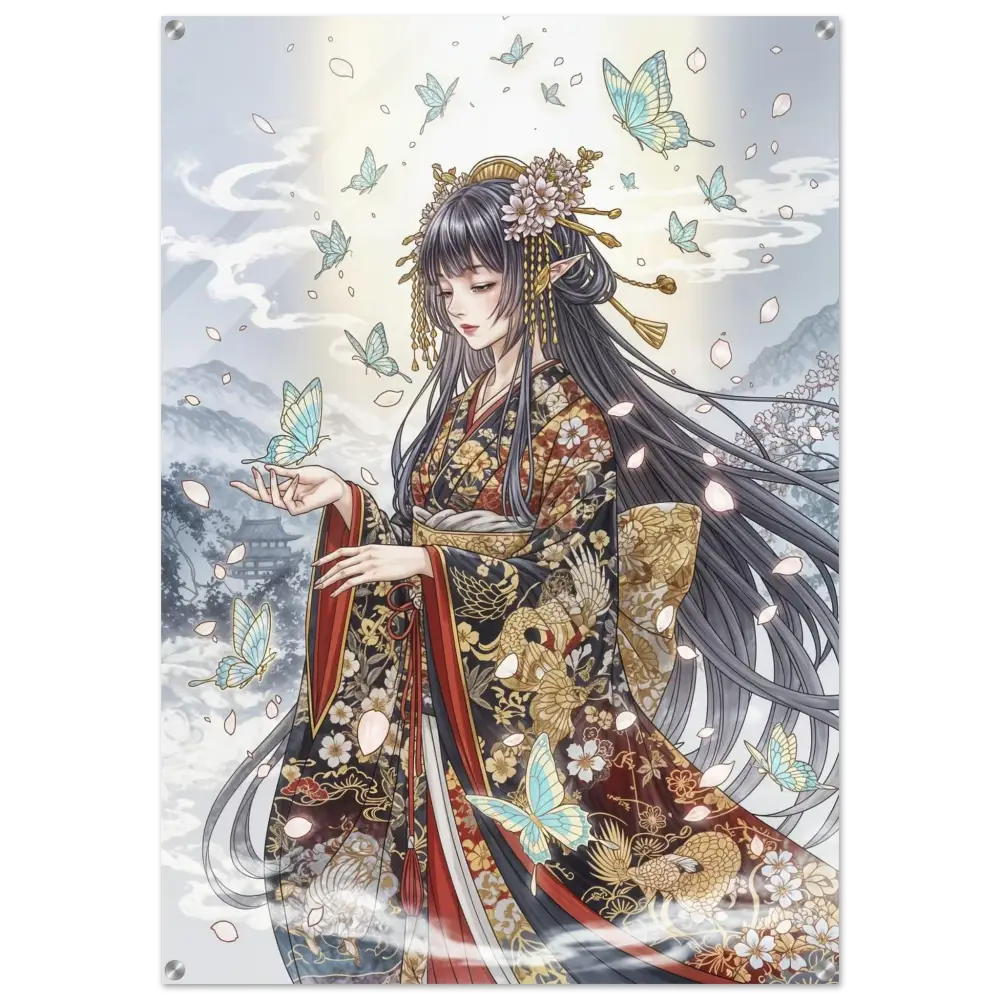 Anime-style female character in ornate kimono with butterflies on polished acrylic glass acrylic print