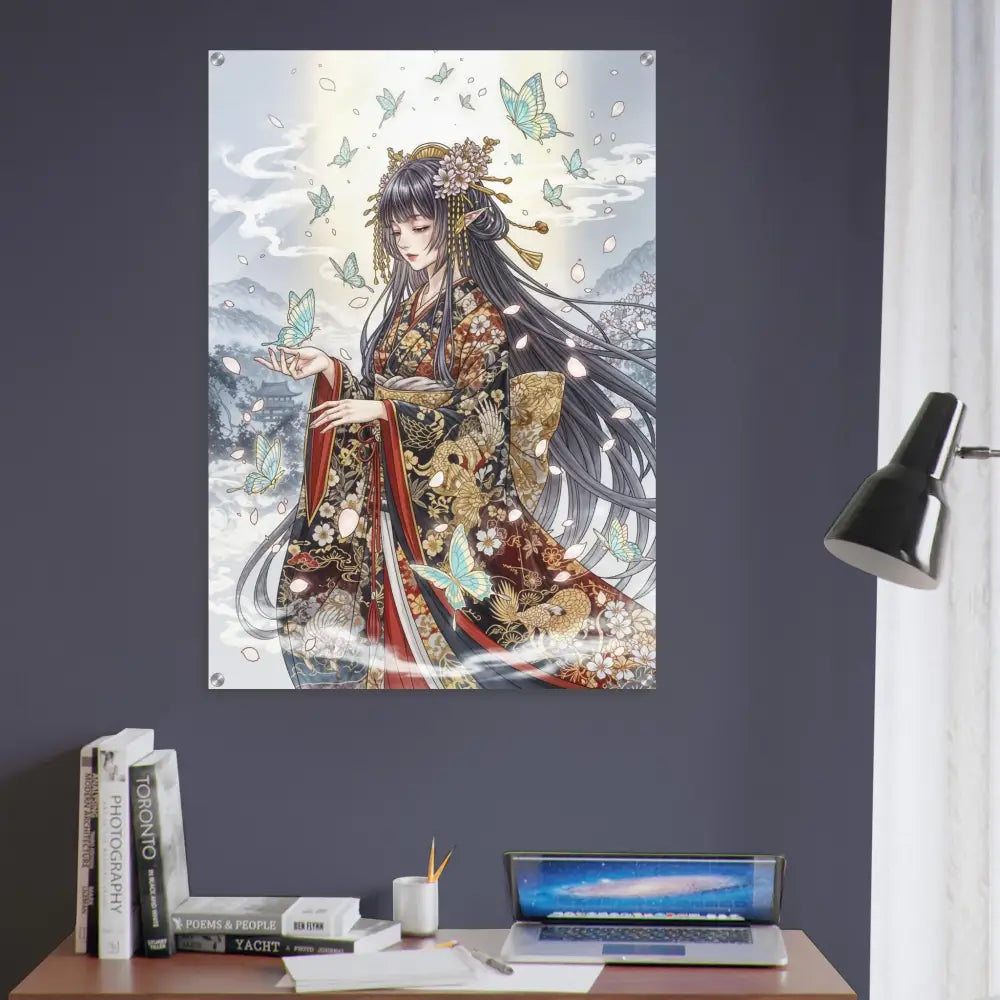 Ethereal Kimono Maiden acrylic print with butterflies on polished acrylic glass, modern standoff bolts