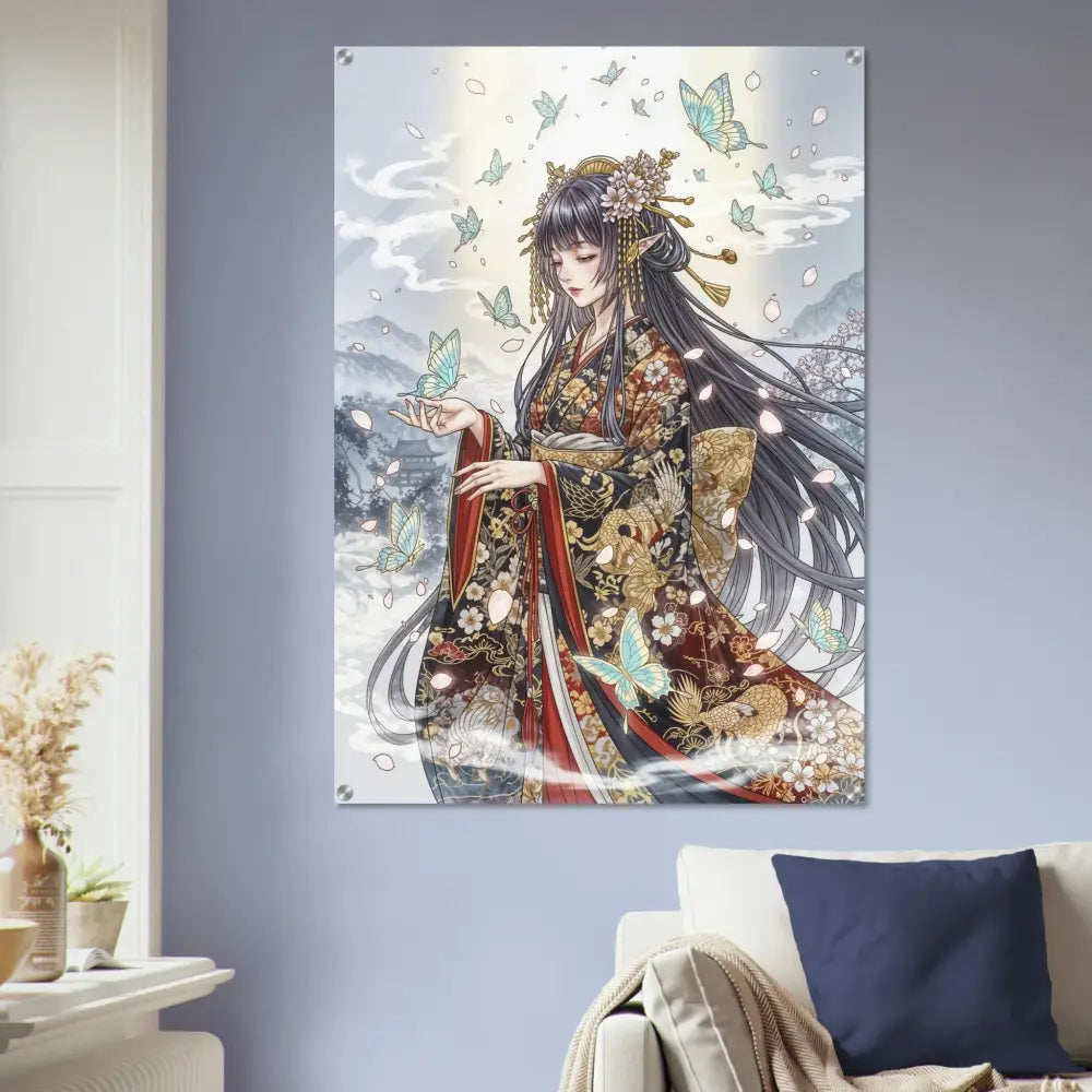 Anime-style wall art of an ethereal kimono maiden with butterflies on polished acrylic glass