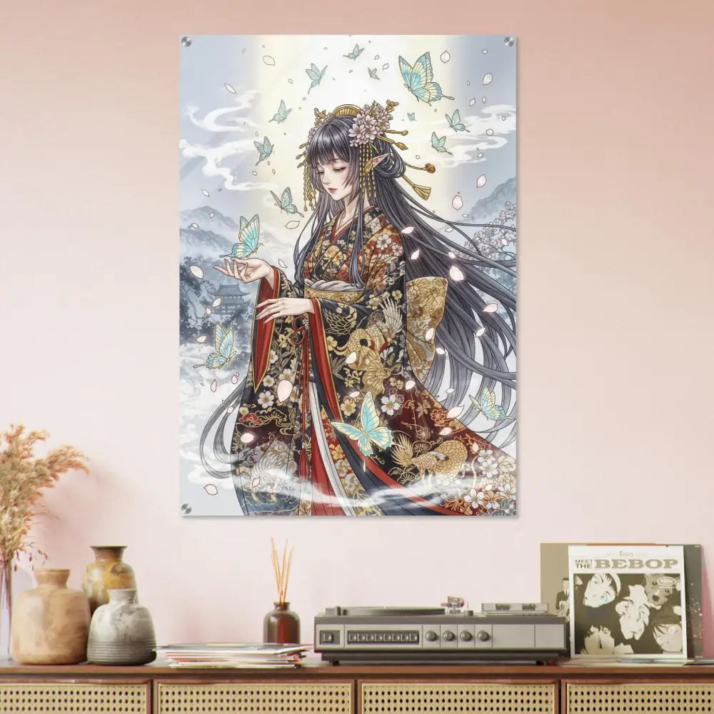 Anime-style ethereal Kimono Maiden acrylic print with butterflies, polished acrylic glass, modern standoff bolts