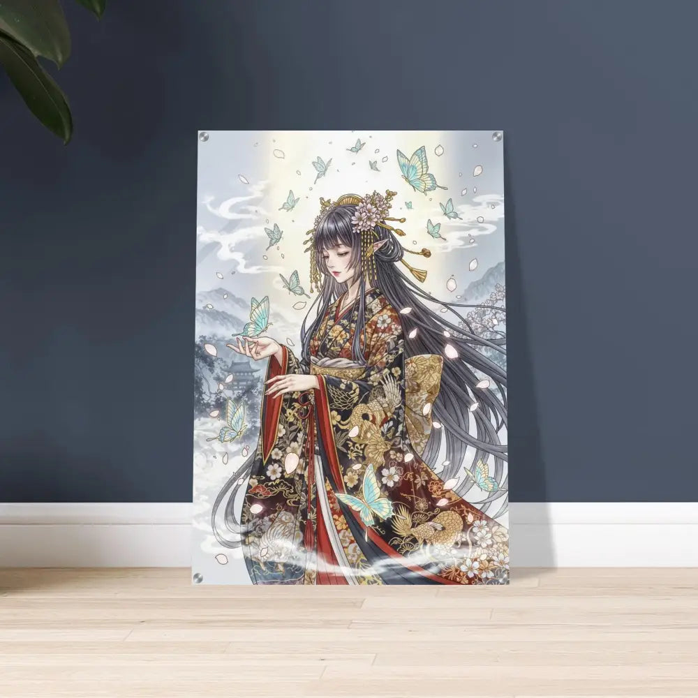 Acrylic print of ethereal kimono maiden with butterflies, polished acrylic glass, modern standoff bolts