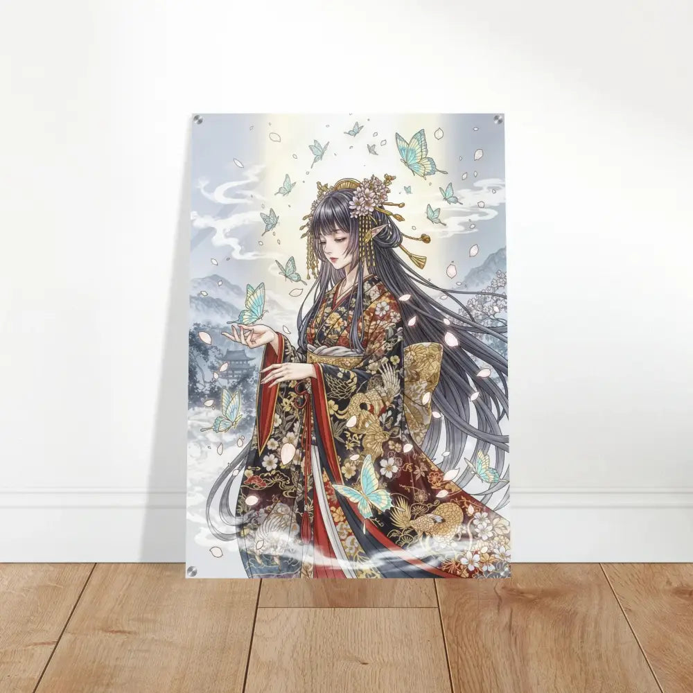 Ethereal Kimono Maiden acrylic print with butterflies, polished acrylic glass, modern standoff bolts
