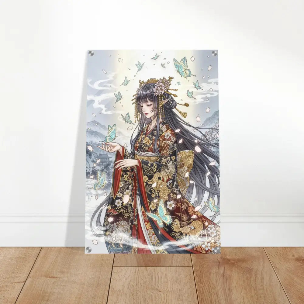 Anime-style Ethereal Kimono Maiden acrylic print with butterflies on polished acrylic glass