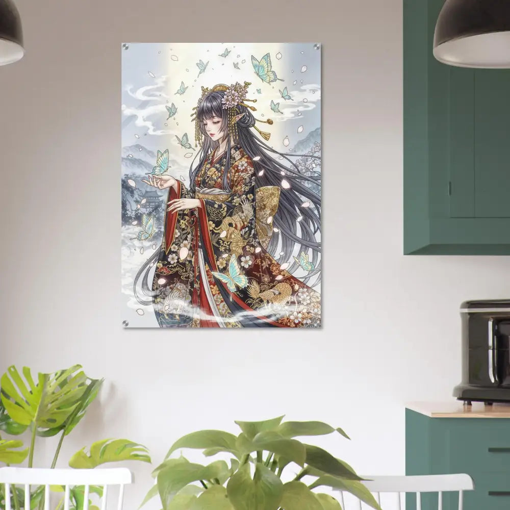 Anime art print of ethereal kimono maiden with butterflies on polished acrylic glass