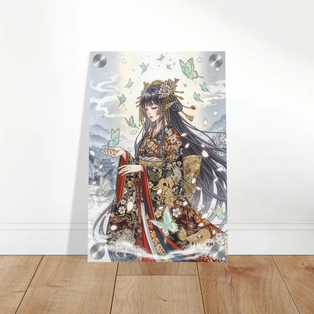 Anime-style art print of an ethereal kimono maiden with butterflies on polished acrylic glass