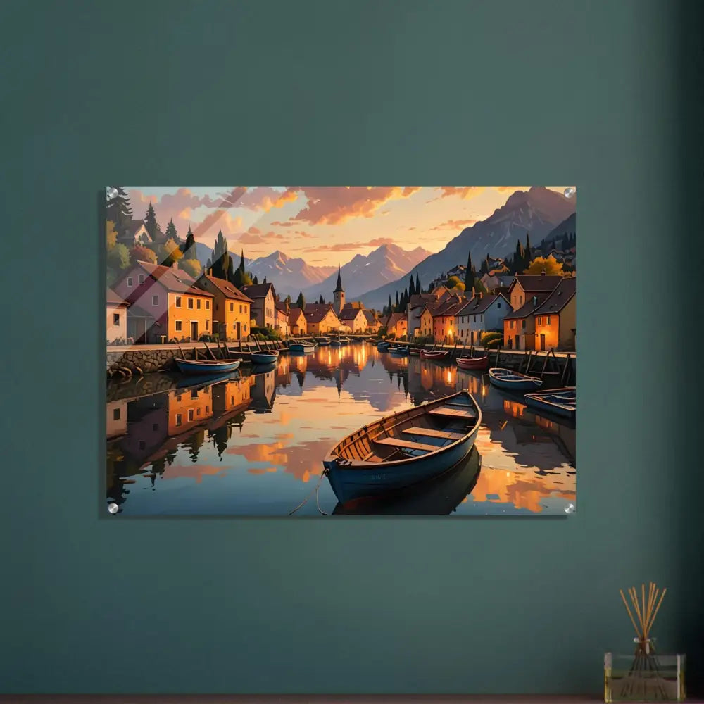 Acrylic print of a picturesque townscape painting called Evening Glow on the Water by PixiOnyx