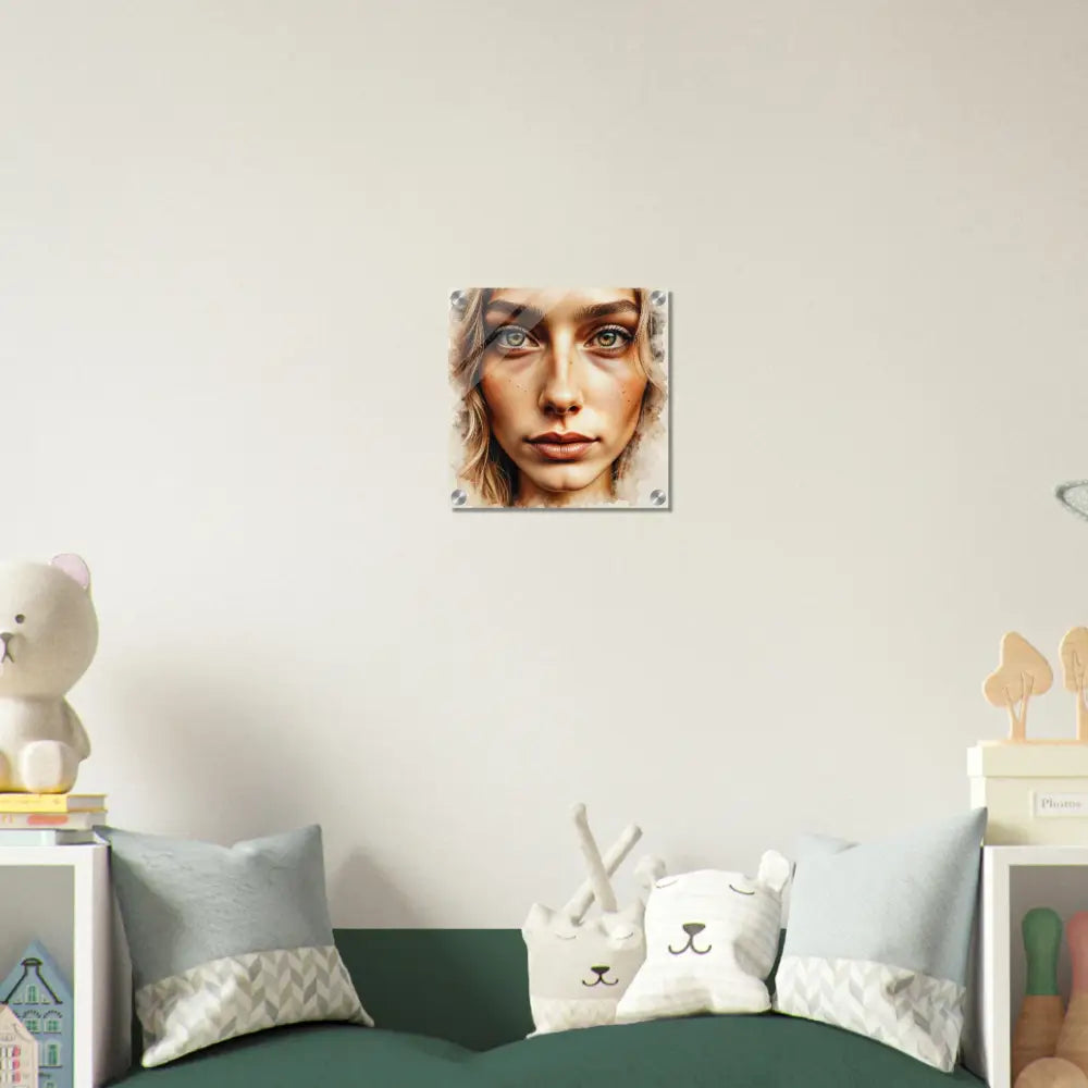 Realistic painting of a woman with light blonde hair and green eyes on acrylic glass high-impact print