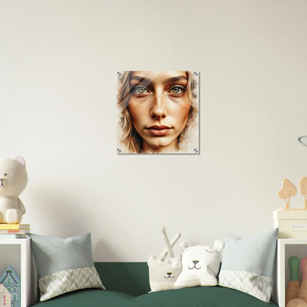 Framed portrait of woman with green eyes on acrylic glass high-impact mounted photo paper