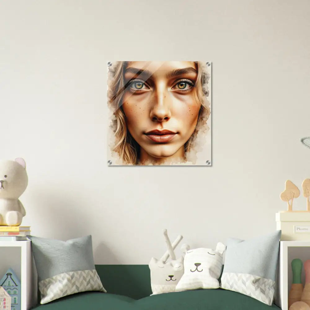 Portrait print of woman’s face on clear acrylic glass mounted on photo paper mounted wall art