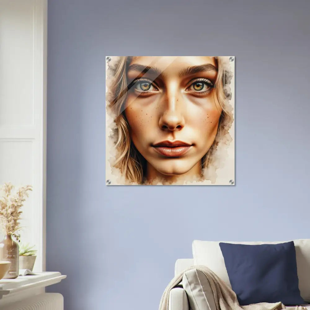 Acrylic print of a woman’s face on clear acrylic glass with high-impact photo paper mounted
