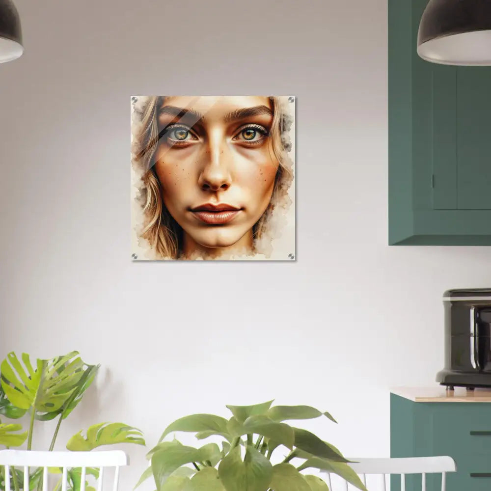 Square acrylic print of woman’s face on clear acrylic glass with high-impact photo paper mounted