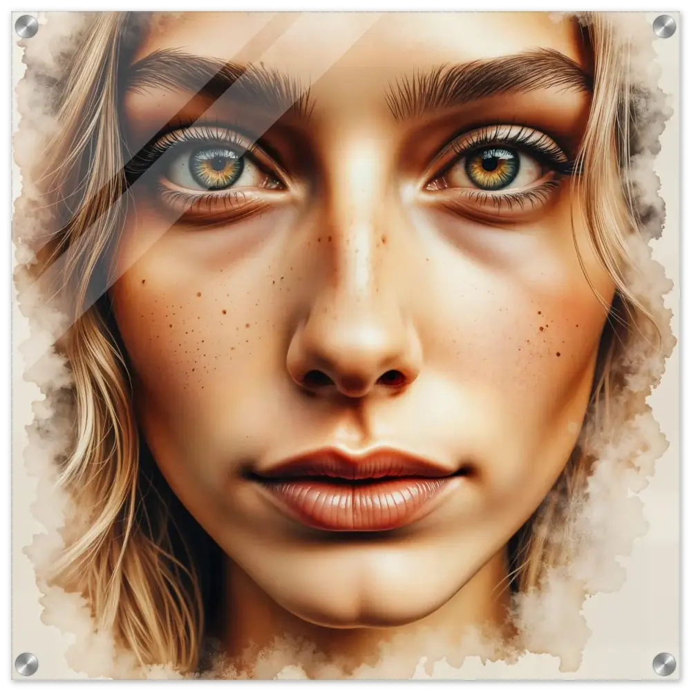 Watercolor portrait of a young woman with golden-green eyes on clear acrylic glass high-impact print